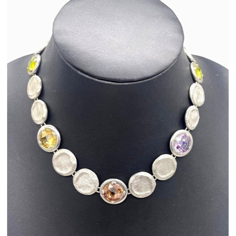 Textured Multicolor Crystal Link Bib Necklace Silver Tone Hippie Bohemian Boho